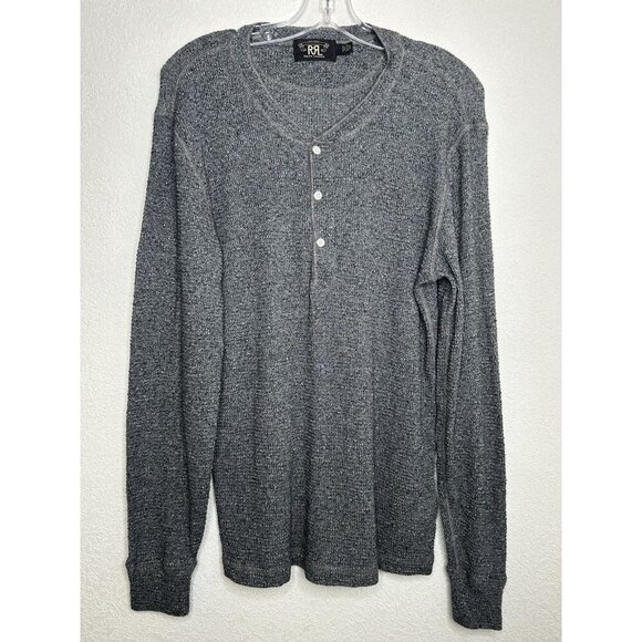 RRL Double RL Ralph Lauren Shirt Mens Large Gray Henley Ribbed Thermal Stretch - Picture 1 of 12